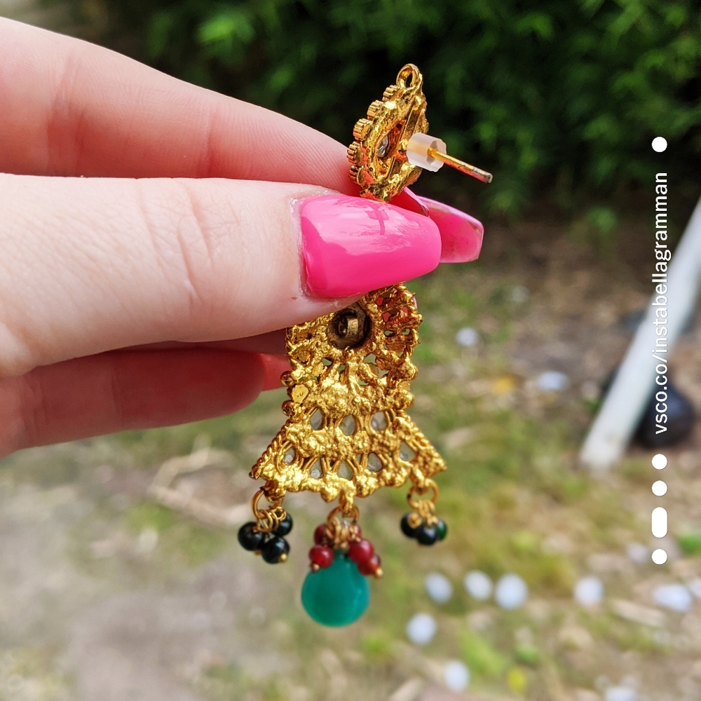 Balinese Style Garnet and Jade Earrings - Picture 5 of 5